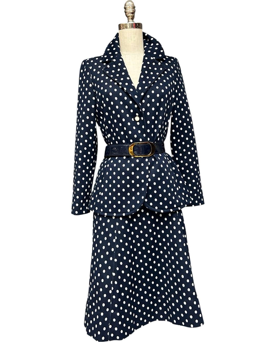 Vintage 1970s Kimberly Navy White Polka Dot 3 Piece Skirt Suit Set